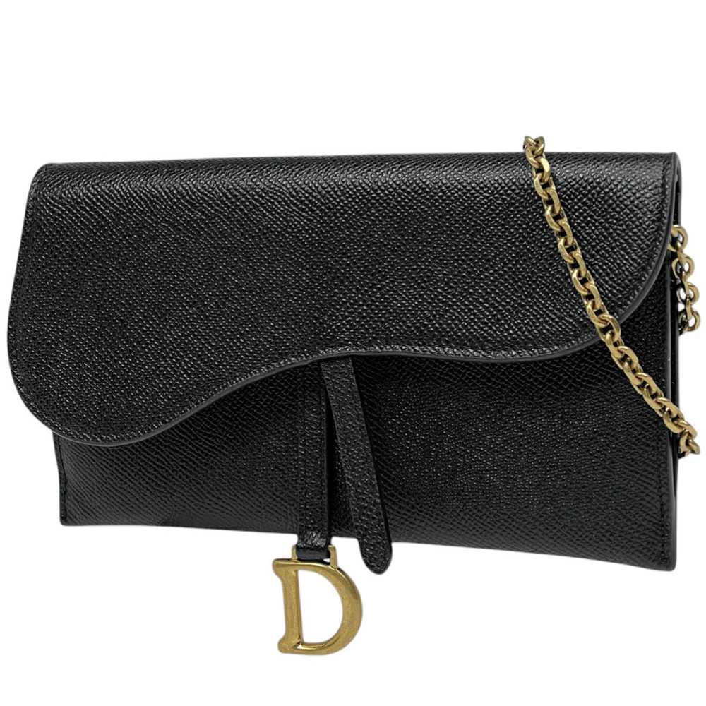 Christian Dior Chain Wallet Long Saddle Leather Black
